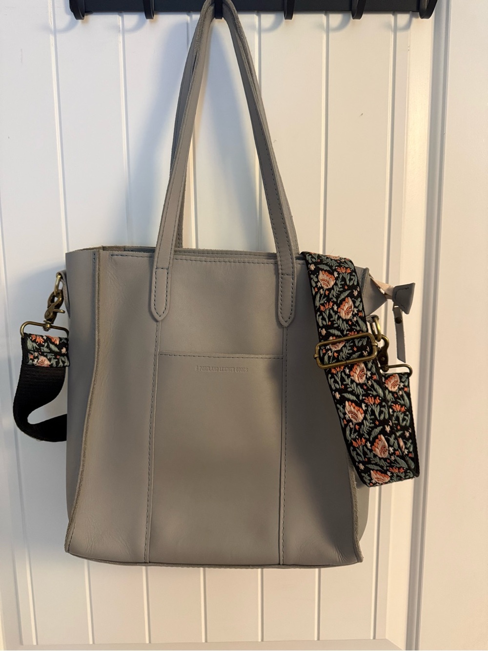 Portland Leather Gray large Lola Tote with Floral Accent Strap